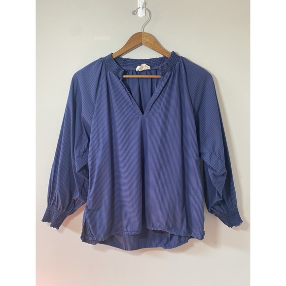 Nation LTD Tops - NATION‎ LTD Estelle Poplin Peasant Blouse SMALL Blue Striped Pima Smocked Cuff